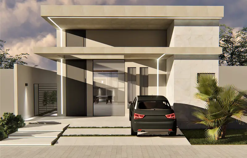 Imagem 3D da casa térrea com marquise e pele de vidro no centro