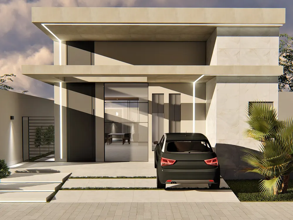 Imagem 3D da casa térrea com marquise e pele de vidro no centro