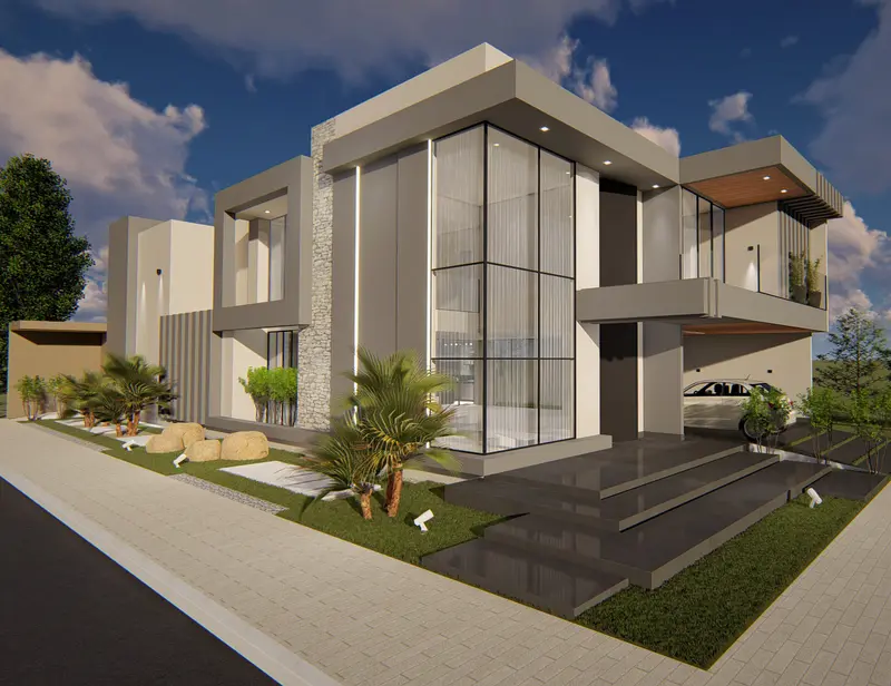 Imagem 3D do sobrado com pele de vidro e garagem coberta