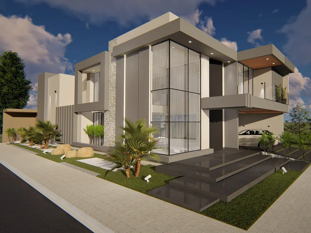 Imagem 3D do sobrado com pele de vidro e garagem coberta