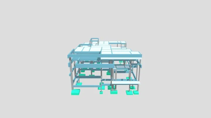 Modelo 3D dos projetos estrutural e complementares de uma residência, com pilares, vigas, lajes e sapatas