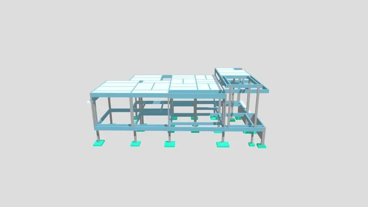 Modelo 3D dos projetos estrutural e complementares de outra residência, com pilares, vigas, lajes e sapatas