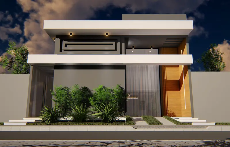 Imagem 3D da fachada com volume escuro e marquise branca