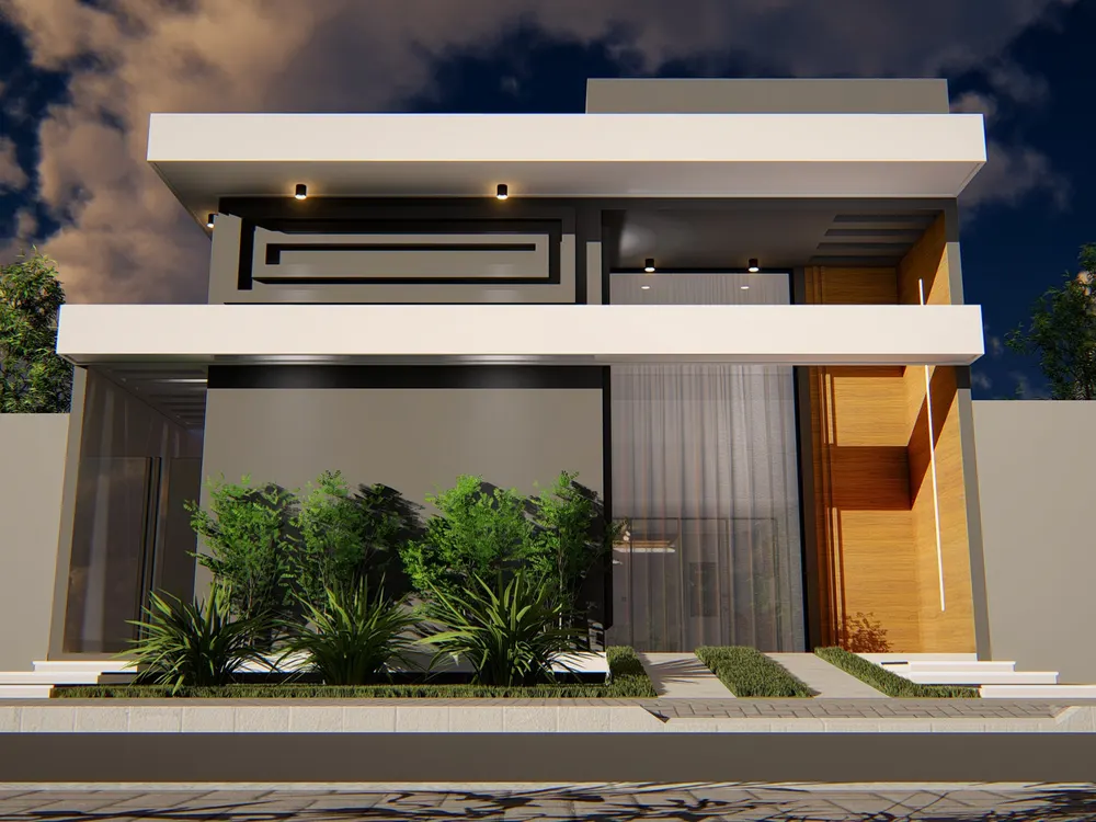 Imagem 3D da fachada com volume escuro e marquise branca