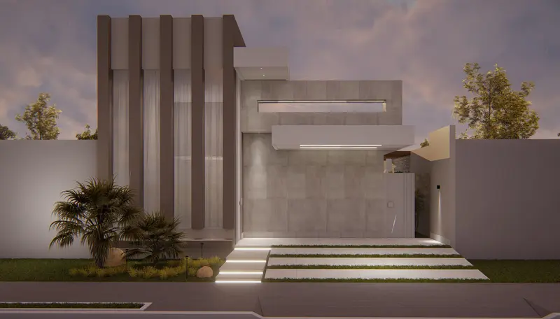 Imagem 3D da fachada com aletas verticais e marquise