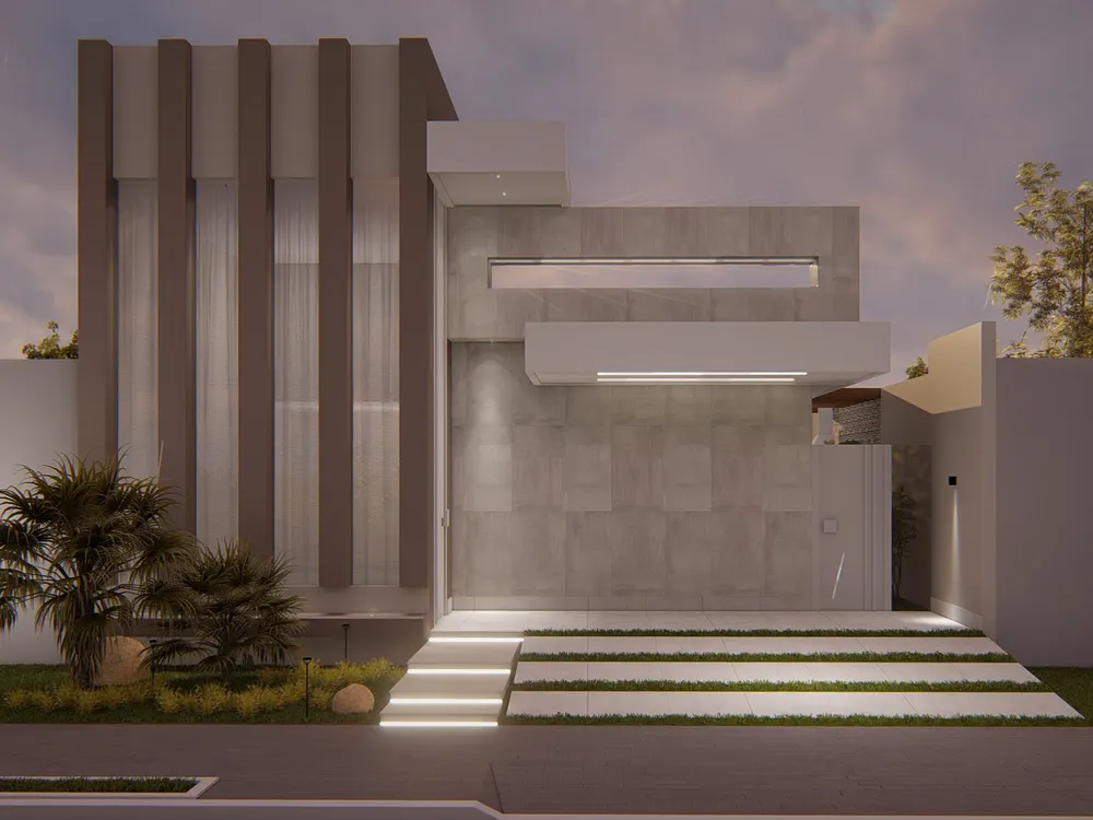 Imagem 3D da fachada com aletas verticais e marquise